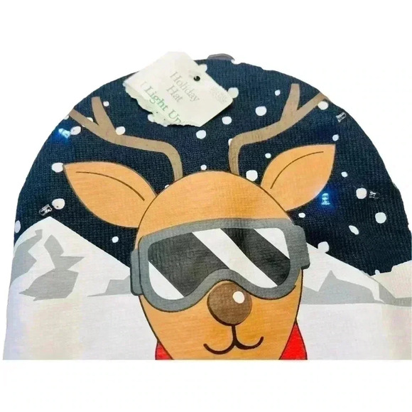 Christmas Reindeer Light Up Knit Hat Unisex Dark Blue NWT One Size - Picture 2 of 7